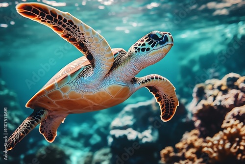 Majestic sea turtle swimming gracefully through clear blue ocean waters near coral reefs : Generative AI