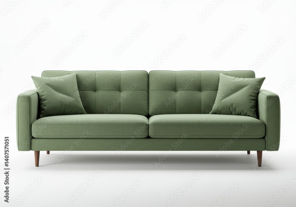 A light green sofa with two pillows against a white background in a studio setting front view A light green sofa with two pillows against a white background in a studio setting front view