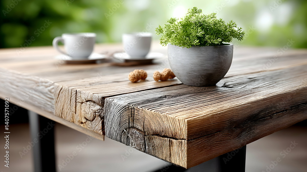 Rustic wooden table with coffee cups, plant, and snacks, blurred green background Rustic wooden table with coffee cups, plant, and snacks, blurred green background