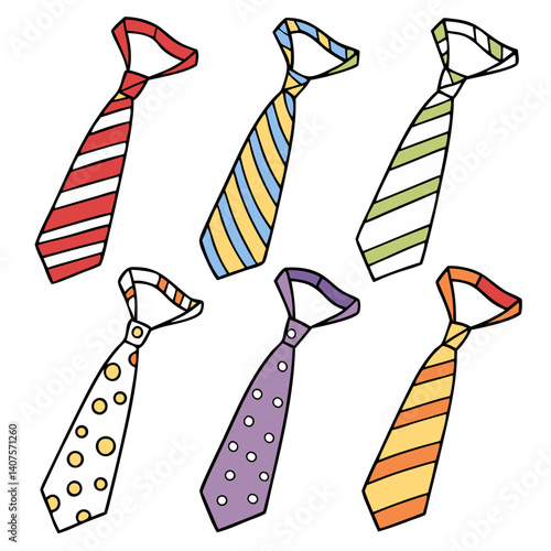 A collection of cheerful, colorful neckties playfully scattered, showcasing bold stripes, polka dots, and vibrant hues in a simple, hand-drawn style.