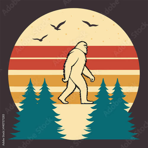 Bigfoot Walking in Forest Retro Sunset with Birds T-Shirt.