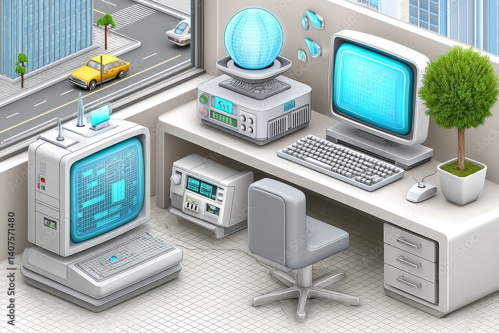 Pixel art hacker sending data across bouncing Wi-Fi icons and flashing routers Pixel art hacker sending data across bouncing Wi-Fi icons and flashing routers