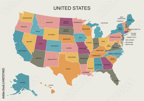 USA map - United State of America vector illustration map with all state names - Color map of USA - Poster administrative map of USA, States and geographical borders, political map of America