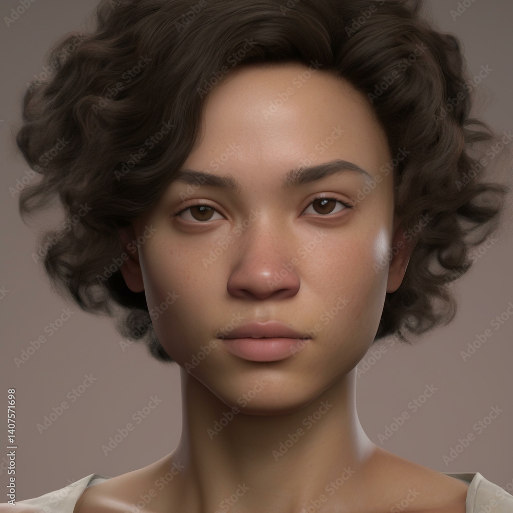 Naklejka premium A highly detailed, hyper-realistic close-up portrait of an AI-generated human face. This digital artwork features lifelike skin textures, expressive eyes, and natural lighting.