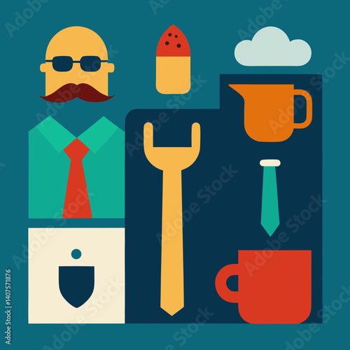 A stylishly illustrated gentleman with a mustache, enjoying his morning coffee break in a bold, geometric design with flat colors.
