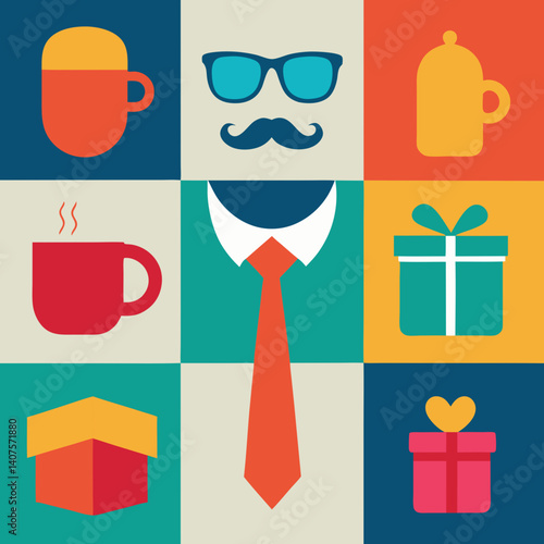 A stylish gentleman's morning routine featuring coffee, gifts, and a crisp shirt with a bold tie, all in a vibrant geometric design.