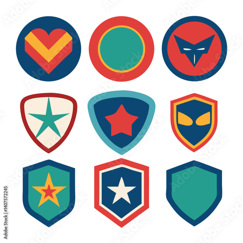 A vibrant collection of retro superhero shields and badges, featuring stars, hearts, and mysterious masks in a bold, playful mid-century modern style.