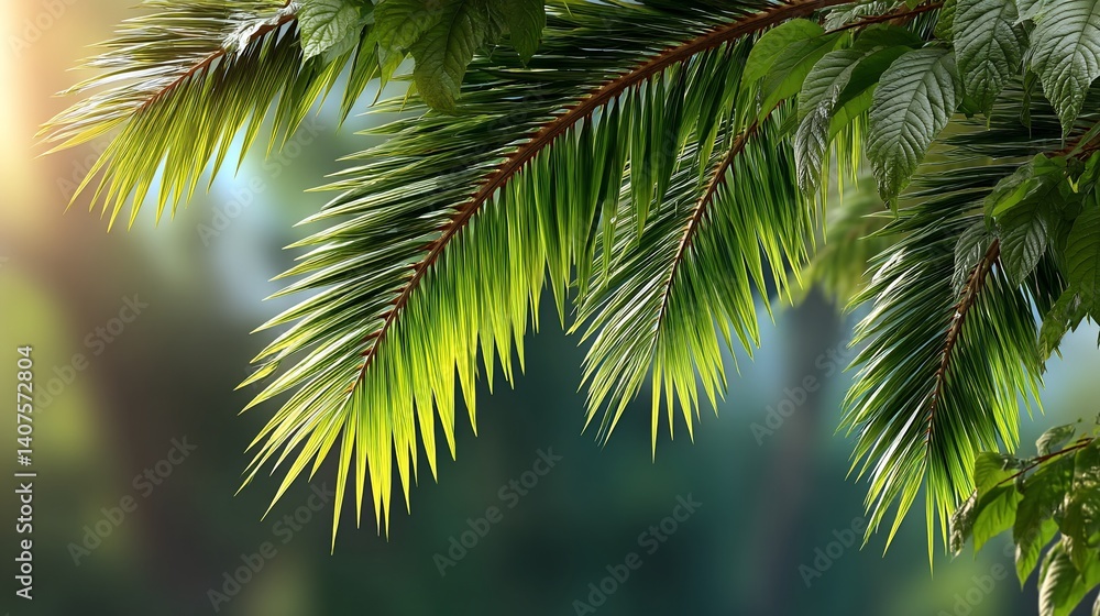 Lush green palm fronds backlit by sunlight, tropical setting Lush green palm fronds backlit by sunlight, tropical setting
