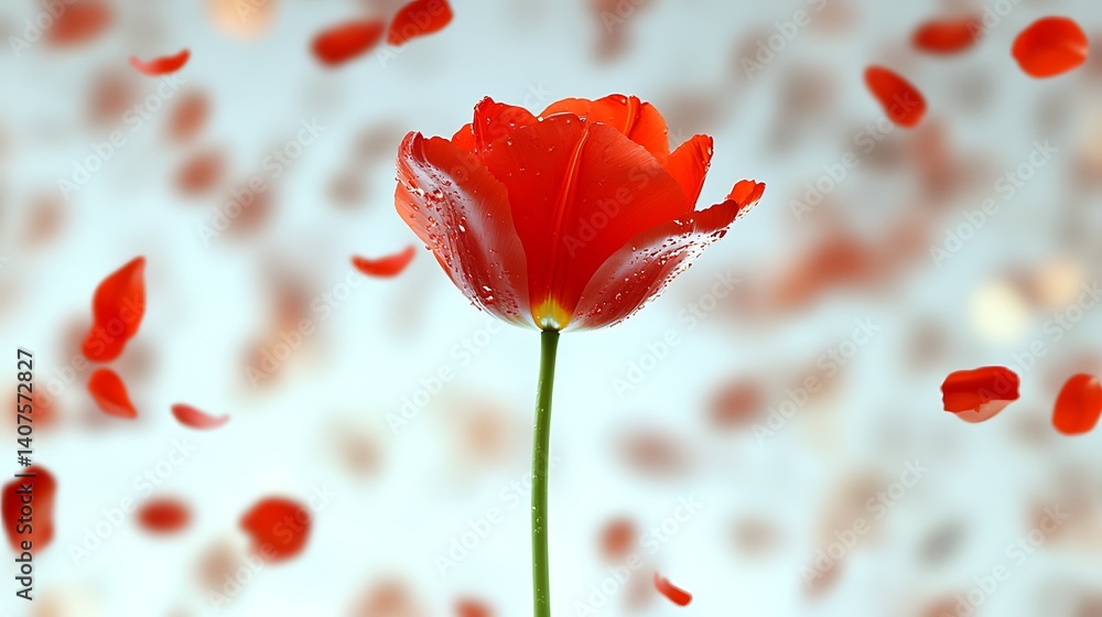 Obraz premium Red tulip blossom with falling petals for sale card or romantic wallpaper background celebration
