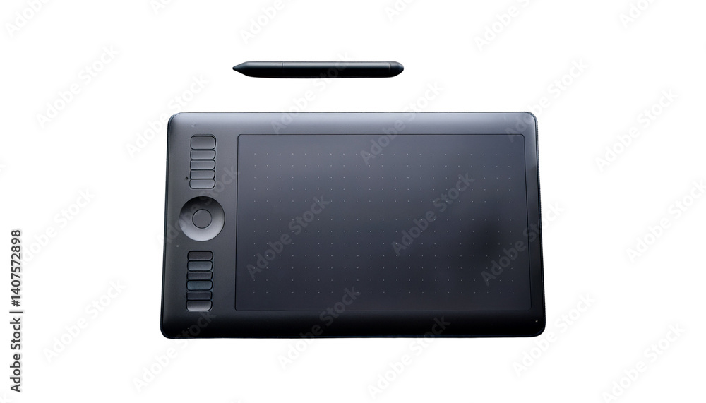 Tablet and stylus combo for digital drawing, isolated, top down view Tablet and stylus combo for digital drawing, isolated, top down view