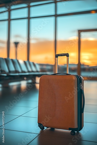 Obraz na płótnie A stylish brown suitcase stands prominently in an airport terminal during a colorful sunset : Generative AI w salonie