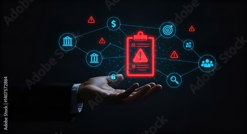 Risk Management Concept: Hand Holding Red Alert Clipboard with Financial Icons on Dark Background - Business Security Illustration
