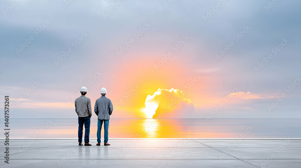 Fototapeta premium Two engineers observe a scenic sunset over the ocean from a concrete platform