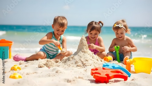Children building sandcastles on the beach during summer holiday vacation coastal paradise joyful environment fun viewpoint