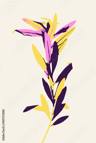 Abstract minimalist floral card with leaves. Vertical background with modern whimsical botanical design. Poster with cottage core plants.