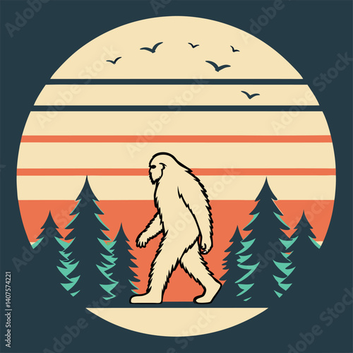 Bigfoot Walking in Forest Retro Sunset with Birds T-Shirt.