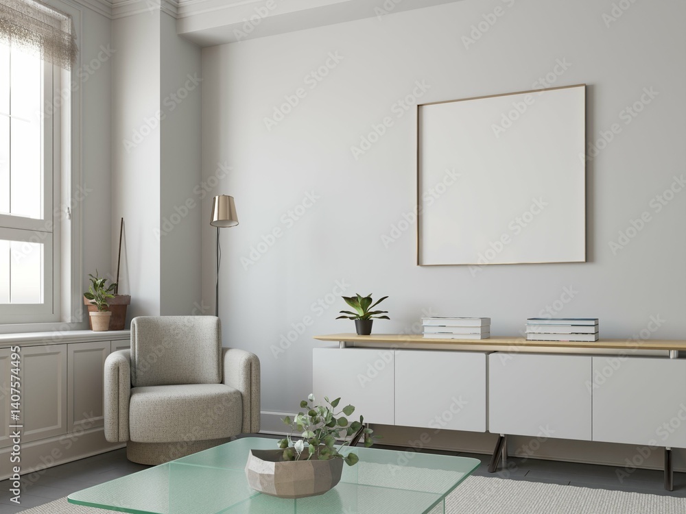 Fototapeta premium poster mockup in cozy simple modern living room with modern credenza. 3d illustration