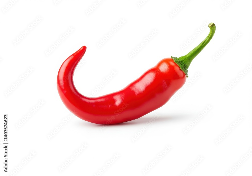 A single red chili pepper with a green stem isolated on a white background in a studio shot A single red chili pepper with a green stem isolated on a white background in a studio shot