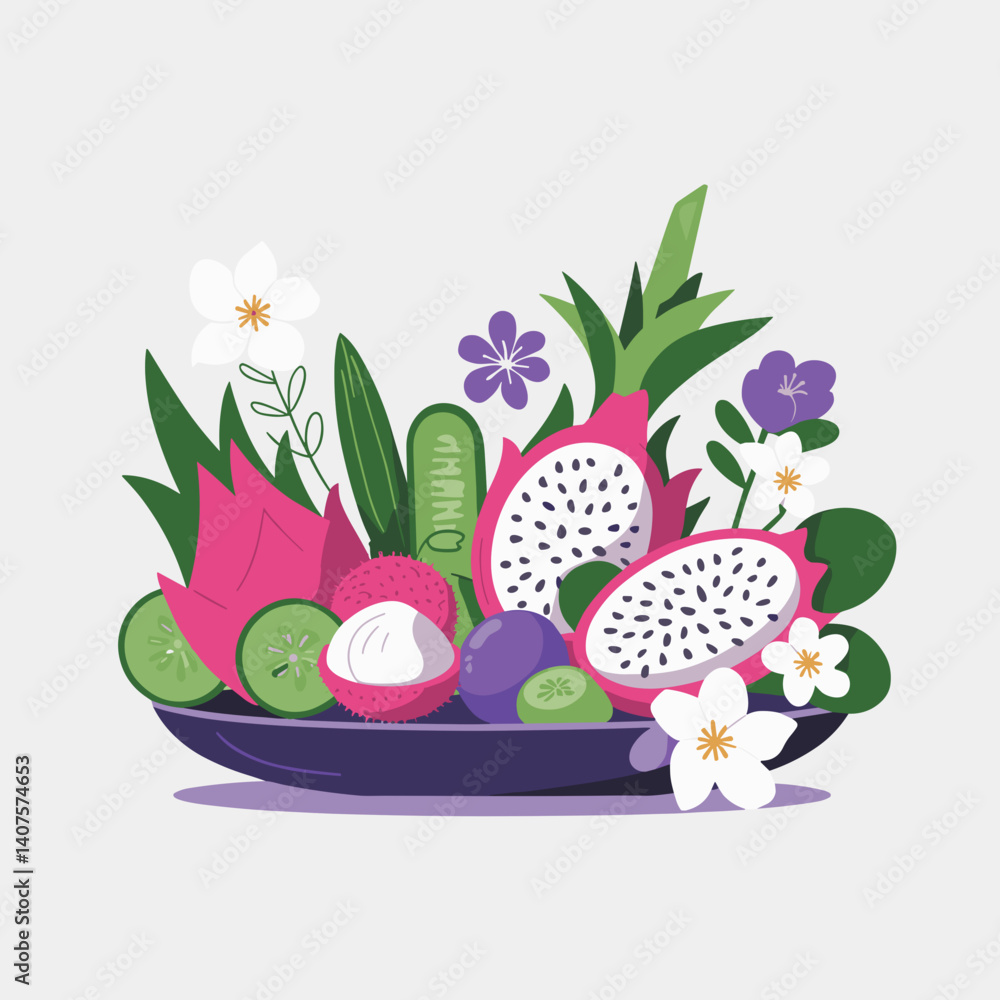 Fototapeta premium Luxury Spa Fruit Platter with Dragon Fruit and Florals