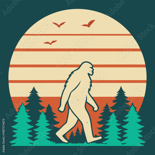 Bigfoot Walking in Forest Retro Sunset with Birds T-Shirt.