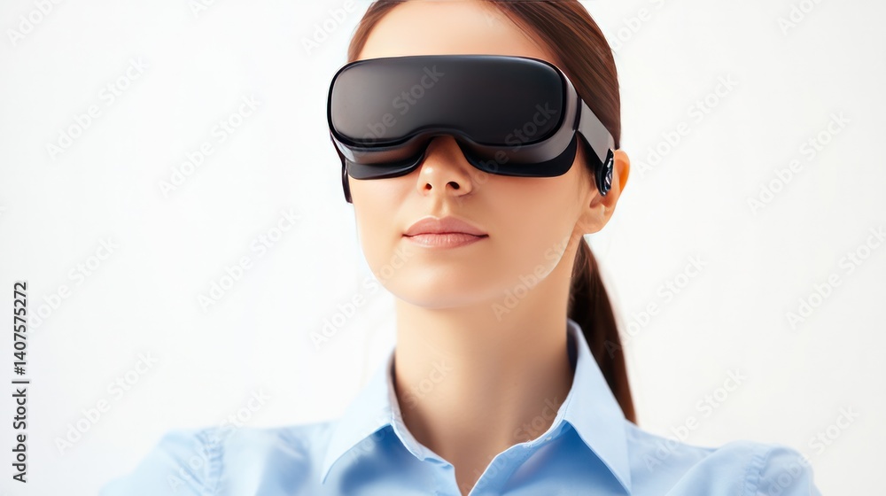 Immersive World Experience: A woman explores the depths of virtual reality, a headset embracing the digital frontier, while the future unfolds. Immersive World Experience: A woman explores the depths of virtual reality, a headset embracing the digital frontier, while the future unfolds.