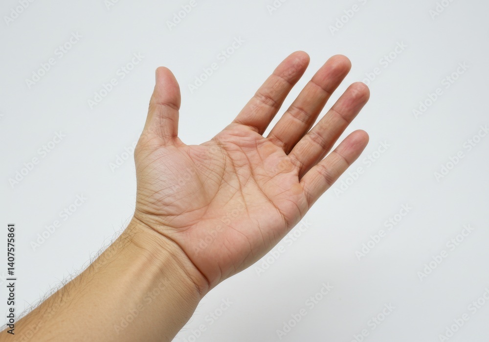 Open human hand with fingers extended against a plain white background in a studio setting view Open human hand with fingers extended against a plain white background in a studio setting view