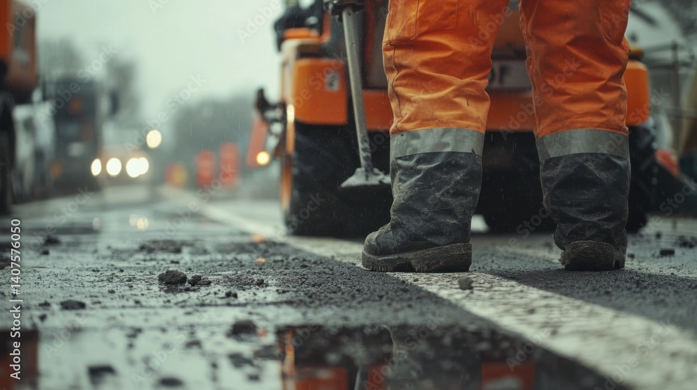 Road worker applying reflective road markings with a machine. Featuring precision and attention to detail Road worker applying reflective road markings with a machine. Featuring precision and attention to detail