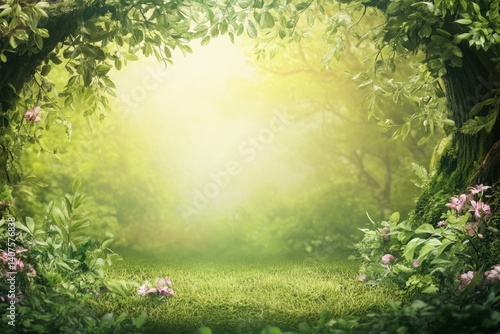 Misty forest clearing with lush greenery and blooming flowers in soft light
