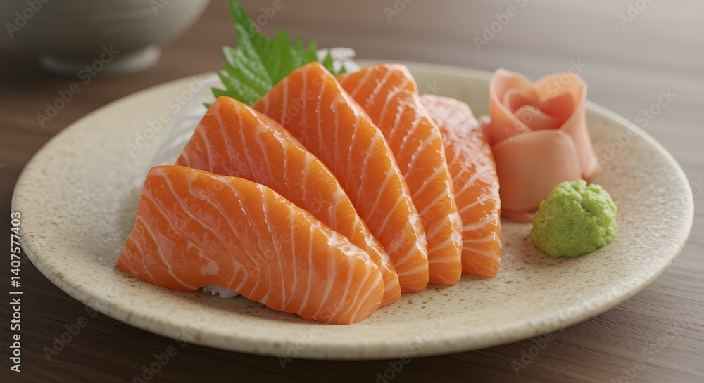 A plate with raw salmon slices arranged neatly, accompanied by wasabi, pickled ginger, and a green shiso leaf on a wooden surface. A plate with raw salmon slices arranged neatly, accompanied by wasabi, pickled ginger, and a green shiso leaf on a wooden surface.