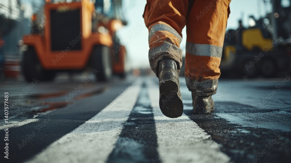 Fototapeta premium Road worker applying road markings using a paint sprayer. Featuring precision and attention to detail