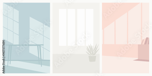 Minimalist office interior flat vector in light pastel colors. Open compositions and very few silhouette elements - window, desk, plant. Ideal for use as portrait backgrounds or subtle design layers.