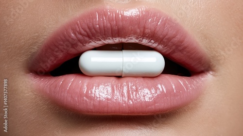 woman with pill or drug in lips, medical concept for drug costs, drug abuse