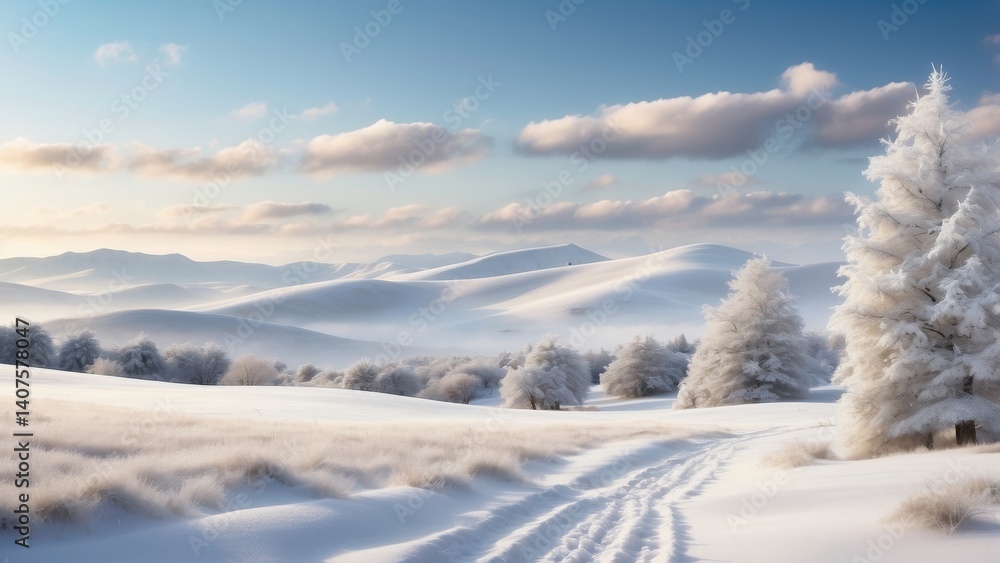 A serene winter wonderland featuring a blanket of snow over rolling hills, frosted trees, and a tranquil sky. Ideal for use in holiday marketing campaigns to evoke a cozy, festive atmosphere A serene winter wonderland featuring a blanket of snow over rolling hills, frosted trees, and a tranquil sky. Ideal for use in holiday marketing campaigns to evoke a cozy, festive atmosphere