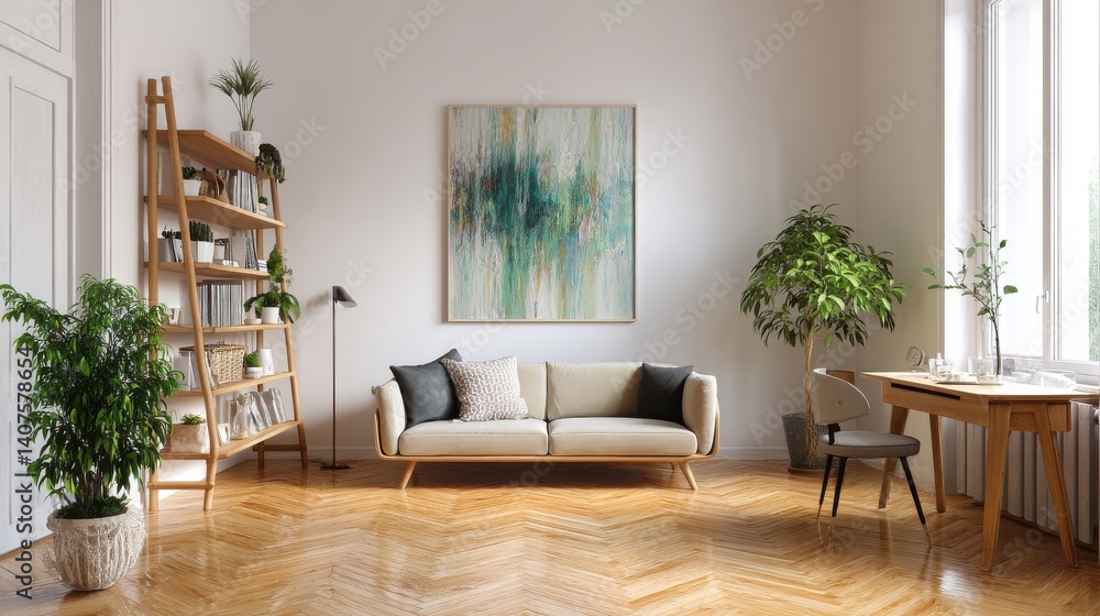 Fototapeta premium Modern living room with beige sofa, wooden floors, and plants.