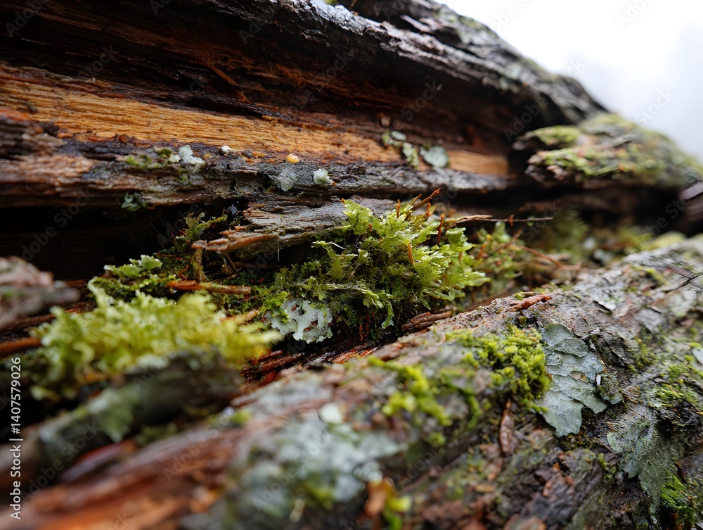 Rain soaked wood with moss and lichen showing natural decay Rain soaked wood with moss and lichen showing natural decay