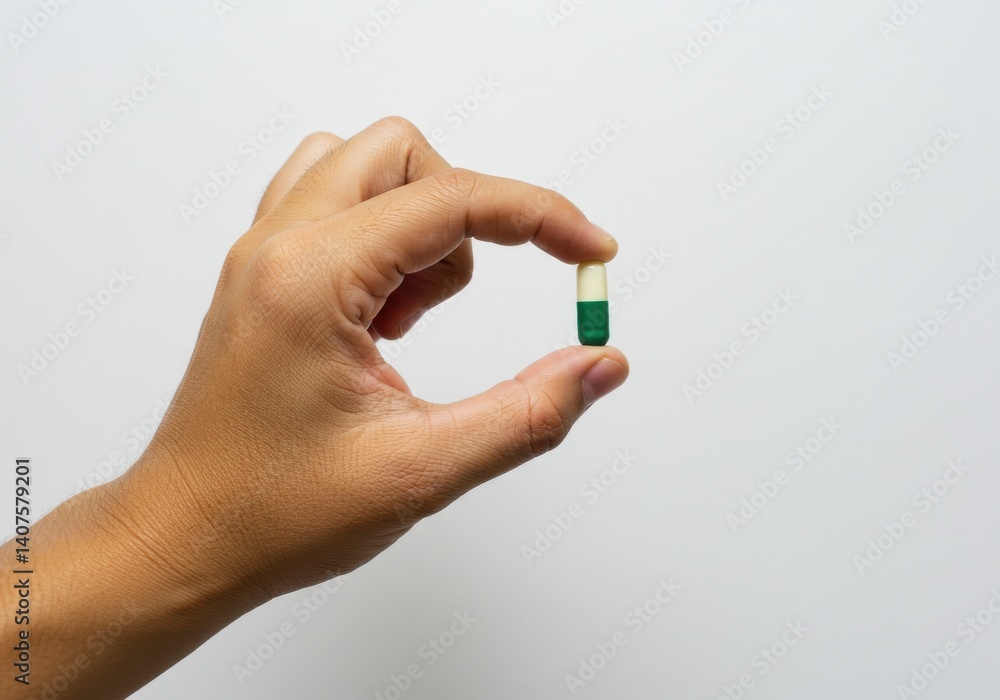 Hand holding a green and white capsule against a plain white background in a close up shot Hand holding a green and white capsule against a plain white background in a close up shot