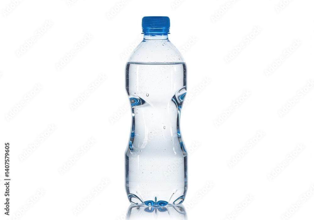 A clear plastic bottle filled with water and a blue cap isolated against a white background studio shot A clear plastic bottle filled with water and a blue cap isolated against a white background studio shot
