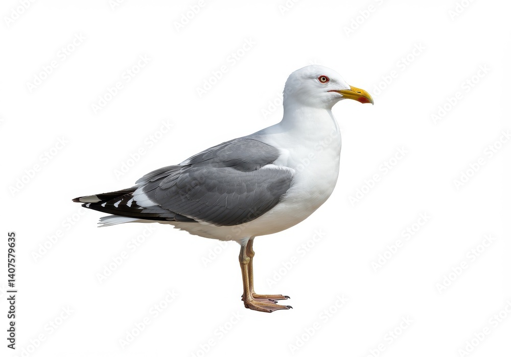 A seagull with white and gray feathers standing on one leg against a white background in a studio shot A seagull with white and gray feathers standing on one leg against a white background in a studio shot