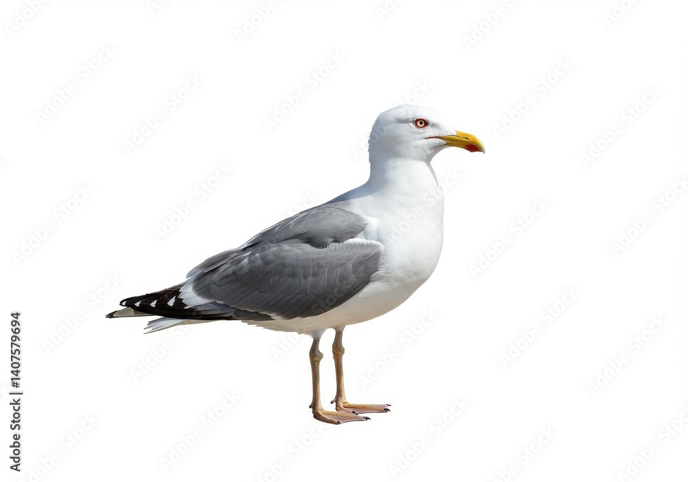 Fototapeta premium A seagull standing against a white background in a studio setting with its feathers visible