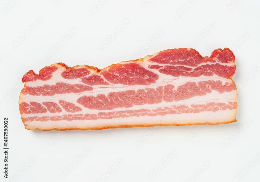 A single slice of uncooked bacon with visible fat and meat strips on a white background surface top view A single slice of uncooked bacon with visible fat and meat strips on a white background surface top view