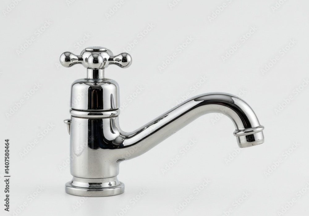 Close up of a shiny chrome faucet with a cross shaped handle on a white background studio shot Close up of a shiny chrome faucet with a cross shaped handle on a white background studio shot