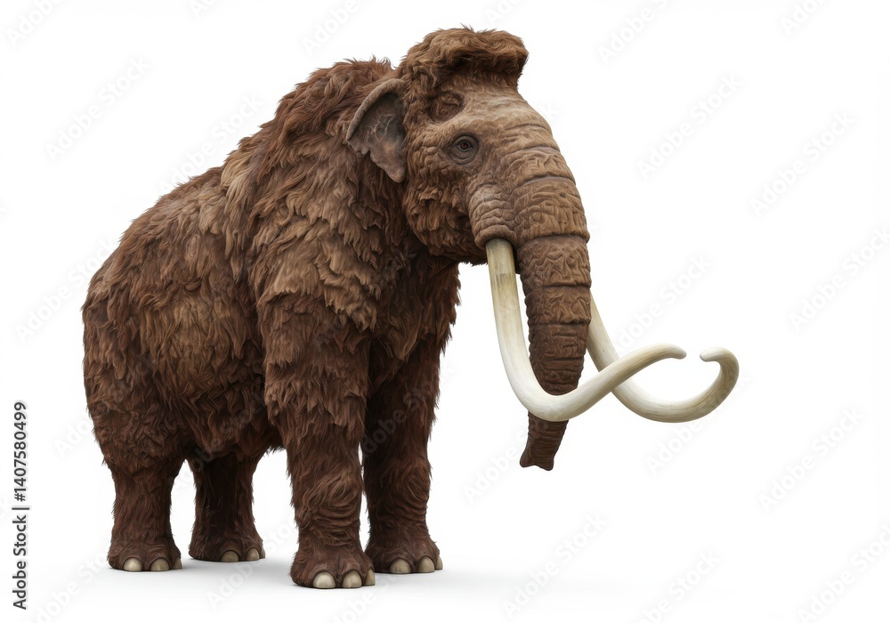 Obraz premium A woolly mammoth stands on a white background with its long tusks and brown fur visible clearly