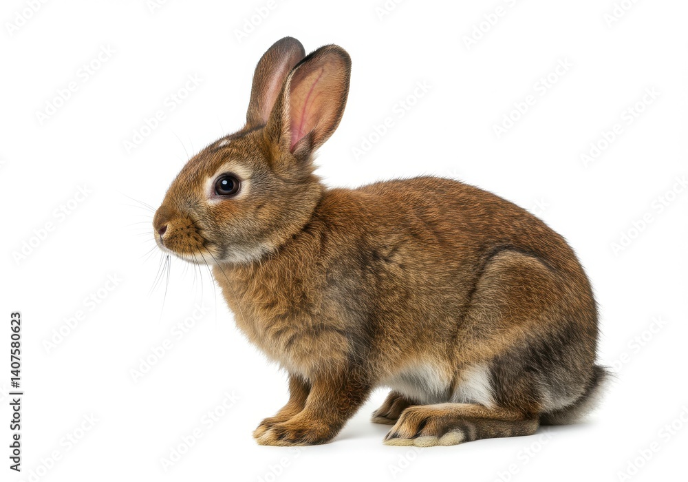 A brown rabbit sitting on a white background looking to the left side of the image frame A brown rabbit sitting on a white background looking to the left side of the image frame