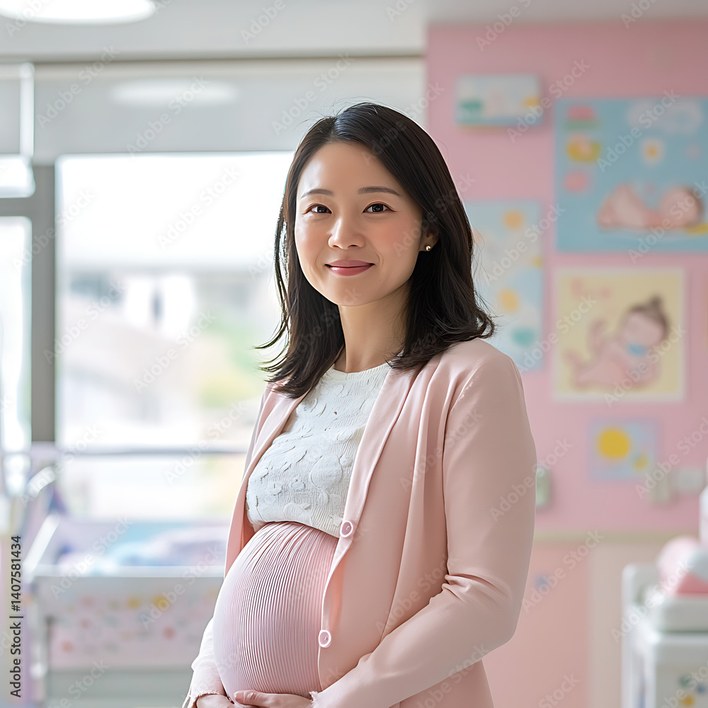 Fototapeta premium Smiling pregnant Asian woman in pastel pink cardigan standing in modern baby nursery room with colorful baby posters, crib, and soft natural daylight background