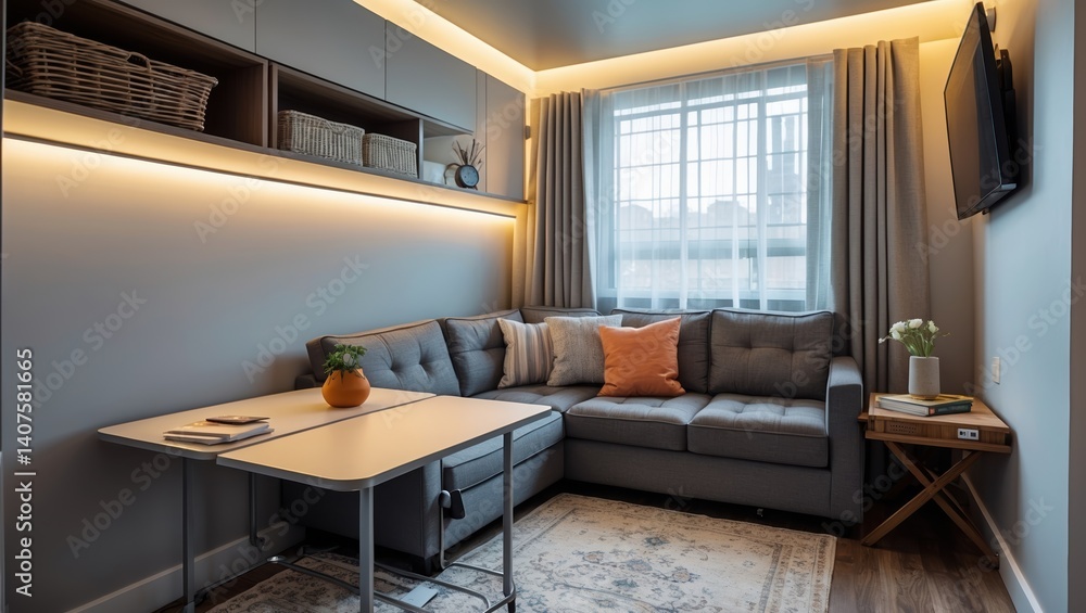 Living room interior view with gray couch near window. Table and baskets on shelves inside apartment. Flowers on wooden side table. Living room interior view with gray couch near window. Table and baskets on shelves inside apartment. Flowers on wooden side table.