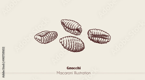 Gnocchi Italian Pasta. Vector hand-drawn sketch of food. Vintage style engraving. etching. Line art