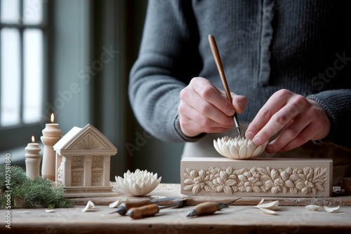 A craftsman carving wood using age-old rural techniques