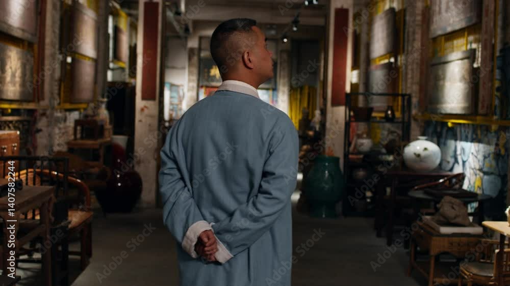 Man wearing traditional clothes, standing in an antique store looking at the surroundings Man wearing traditional clothes, standing in an antique store looking at the surroundings