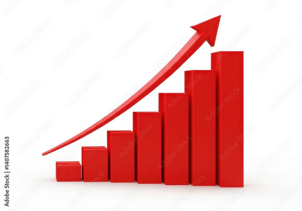 A red bar graph showing an upward trend with a red arrow pointing upwards on a white background A red bar graph showing an upward trend with a red arrow pointing upwards on a white background
