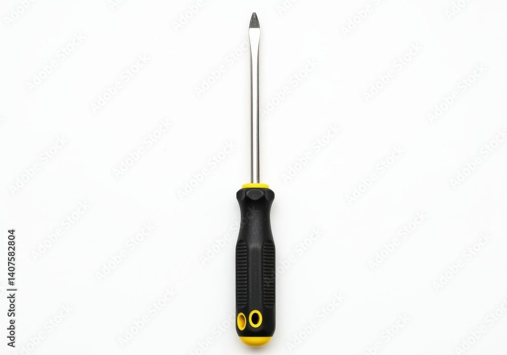 Isolated flathead screwdriver with black and yellow handle on a white background center aligned Isolated flathead screwdriver with black and yellow handle on a white background center aligned